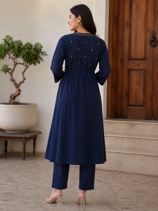 Women's Navy Blue Anghrakha Kurta Set in Pure Cotton