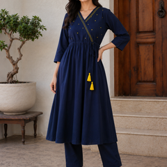 Women's Navy Blue Anghrakha Kurta Set in Pure Cotton