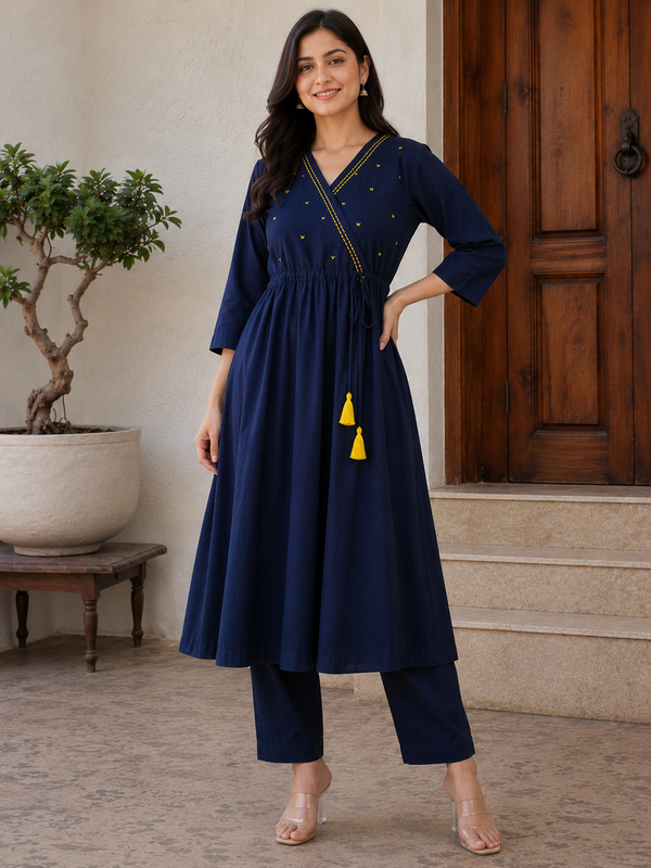 Women's Navy Blue Anghrakha Kurta Set in Pure Cotton