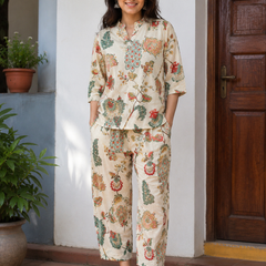 Women's Off White Printed Cotton Co-Ord Set for Women