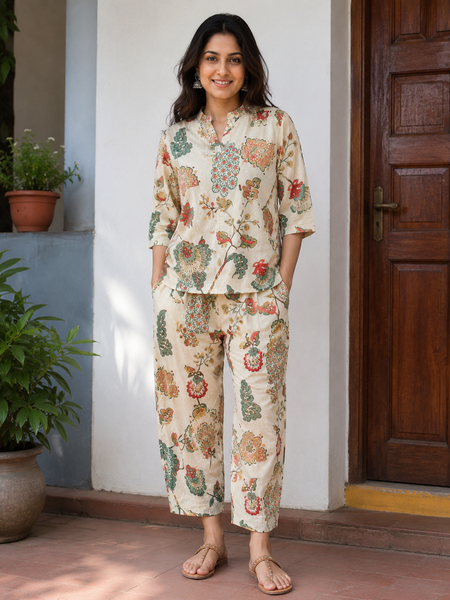 Women's Off White Printed Cotton Co-Ord Set for Women