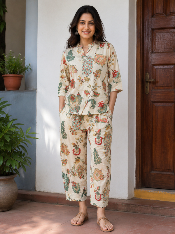 Women's Off White Printed Cotton Co-Ord Set for Women