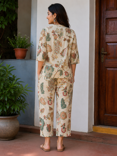 Women's Off White Printed Cotton Co-Ord Set for Women