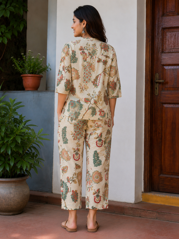 Women's Off White Printed Cotton Co-Ord Set for Women