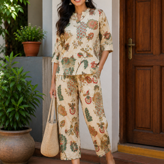 Women's Off White Printed Cotton Co-Ord Set for Women