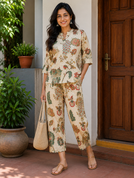 Women's Off White Printed Cotton Co-Ord Set for Women