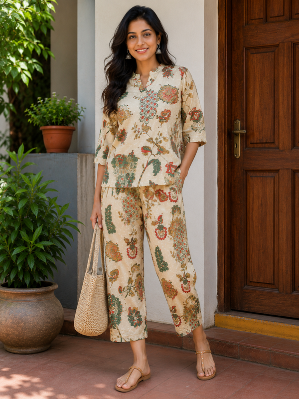 Women's Off White Printed Cotton Co-Ord Set for Women