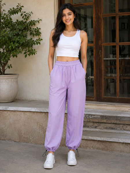 Women's Purple Wide Leg Baggy Cotton Ankle Length Pant