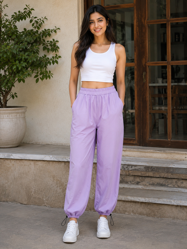 Women's Purple Wide Leg Baggy Cotton Ankle Length Pant