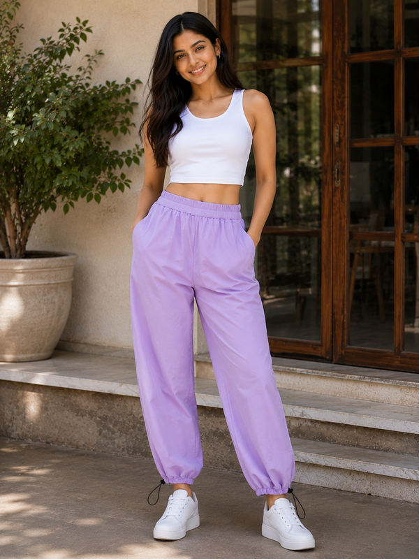 Women's Purple Wide Leg Baggy Cotton Ankle Length Pant