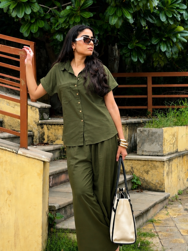 Women’s Shoulder Down Cotton Slub Solid Casual Shirt