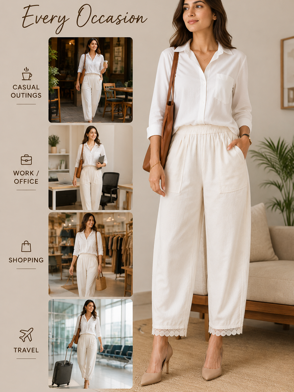 Women Rayon Cotton White Lace Palazzo Pants