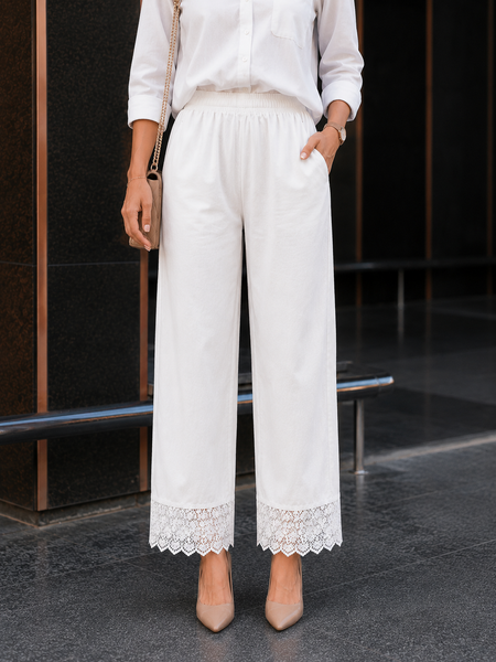 Women Rayon Cotton White Lace Palazzo Pants