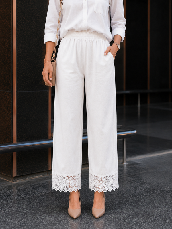 Women Rayon Cotton White Lace Palazzo Pants