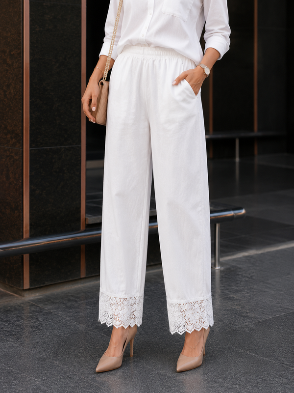 Women Rayon Cotton White Lace Palazzo Pants