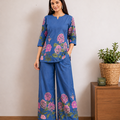 Women Navy Blue Floral Printed Pure Cotton Co-Ord Set