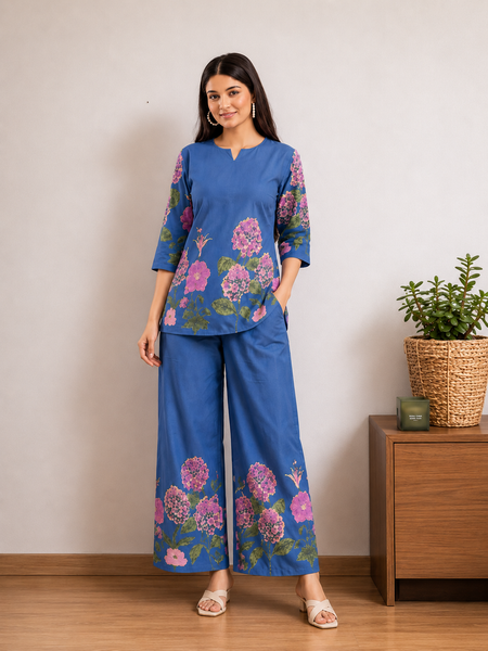 Women Navy Blue Floral Printed Pure Cotton Co-Ord Set