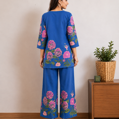 Women Navy Blue Floral Printed Pure Cotton Co-Ord Set