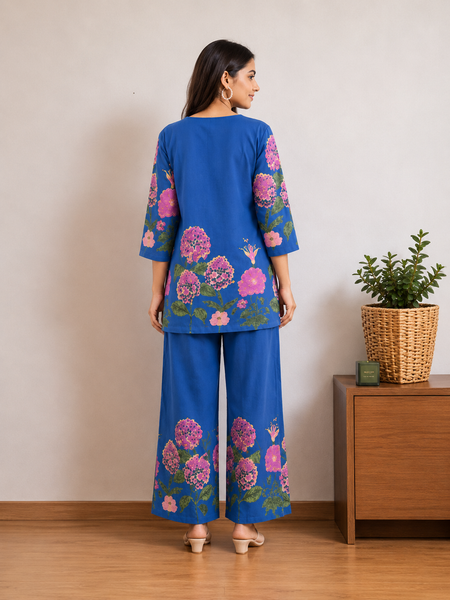 Women Navy Blue Floral Printed Pure Cotton Co-Ord Set
