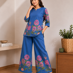 Women Navy Blue Floral Printed Pure Cotton Co-Ord Set