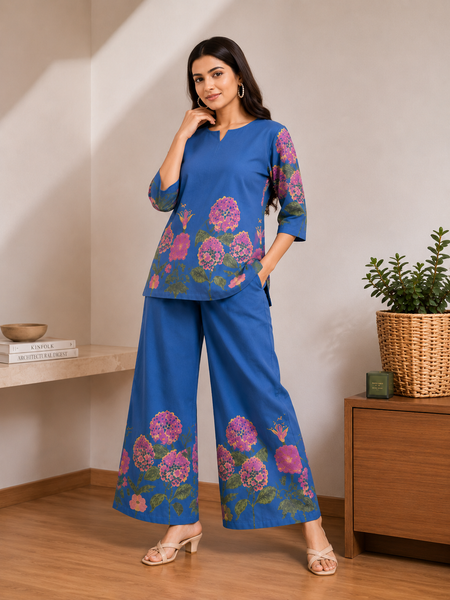 Women Navy Blue Floral Printed Pure Cotton Co-Ord Set