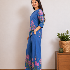 Women Navy Blue Floral Printed Pure Cotton Co-Ord Set