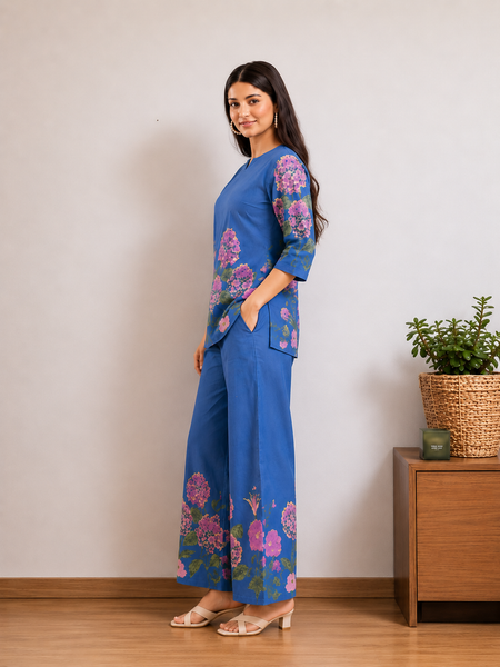 Women Navy Blue Floral Printed Pure Cotton Co-Ord Set