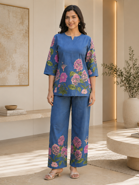 Women Navy Blue Floral Printed Pure Cotton Co-Ord Set