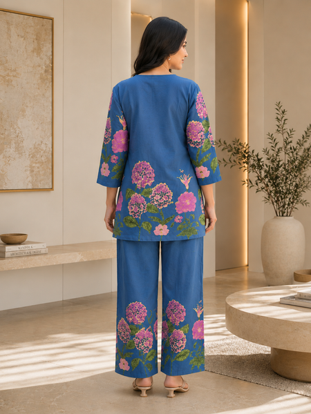 Women Navy Blue Floral Printed Pure Cotton Co-Ord Set
