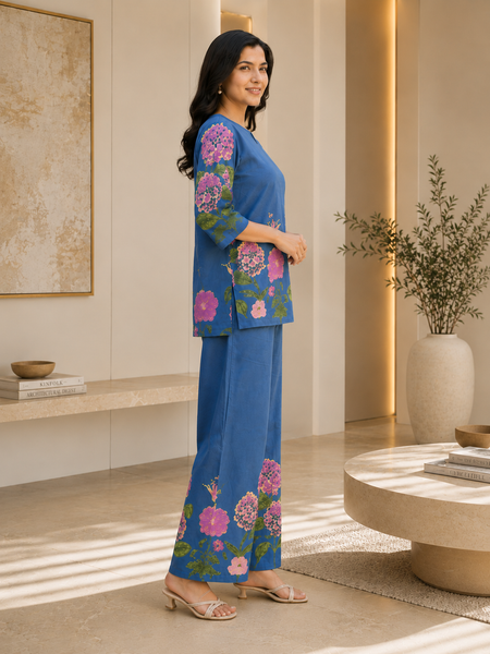 Women Navy Blue Floral Printed Pure Cotton Co-Ord Set