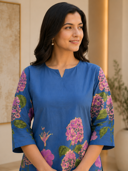Women Navy Blue Floral Printed Pure Cotton Co-Ord Set