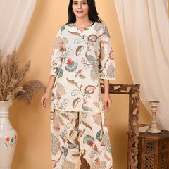 Women's Off White Printed Cotton Co-Ord Set for Women