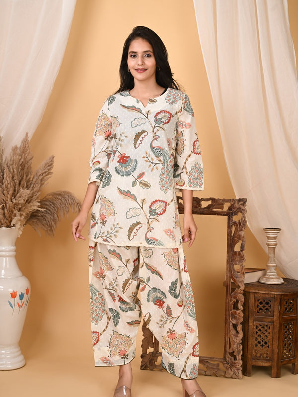 Women's Off White Printed Cotton Co-Ord Set for Women