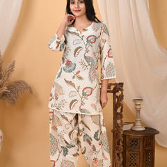 Women's Off White Printed Cotton Co-Ord Set for Women