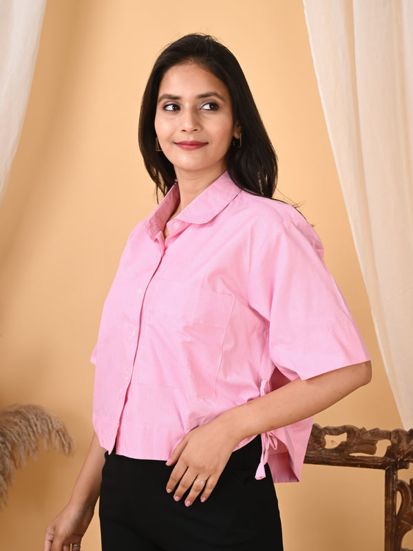 Women's Pink Striped Crop Shirt in Cotton Blend Fabric