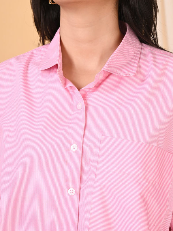 Women's Pink Striped Crop Shirt in Cotton Blend Fabric