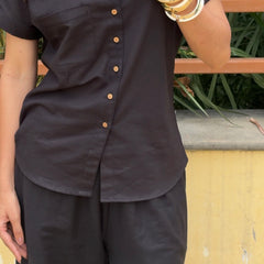 Women’s Shoulder Down Cotton Slub Solid Casual Shirt