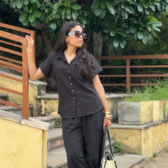 Women’s Shoulder Down Cotton Slub Solid Casual Shirt