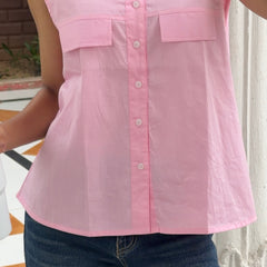 Women's Pink Sleeveless Button-Down Top