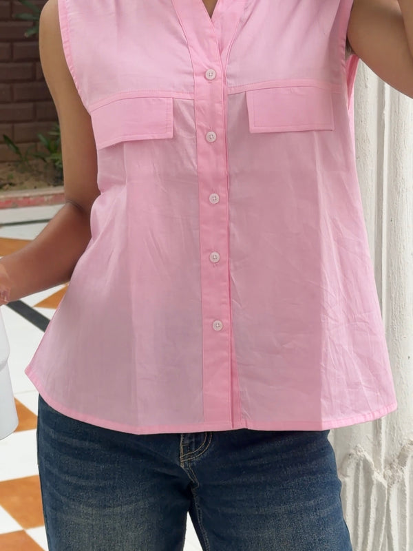 Women's Pink Sleeveless Button-Down Top