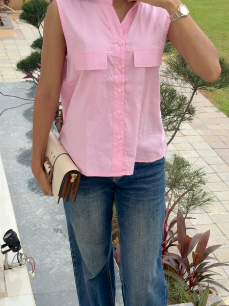 Women's Pink Sleeveless Button-Down Top