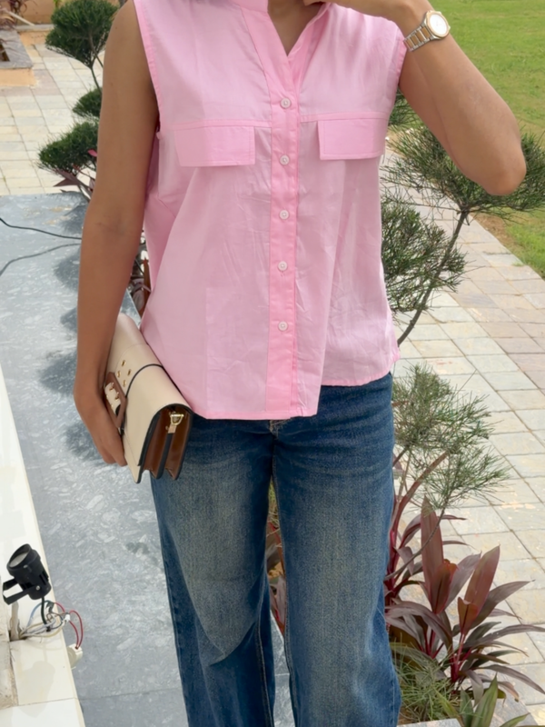 Women's Pink Sleeveless Button-Down Top