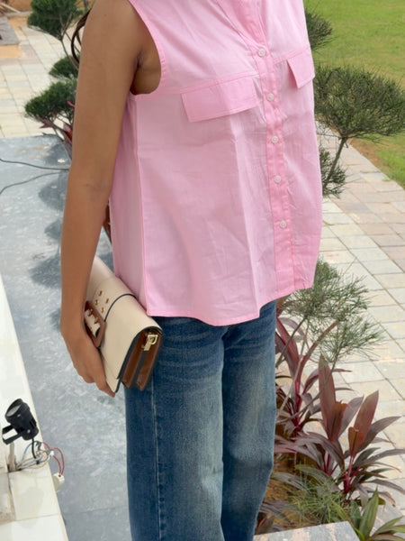 Women's Pink Sleeveless Button-Down Top