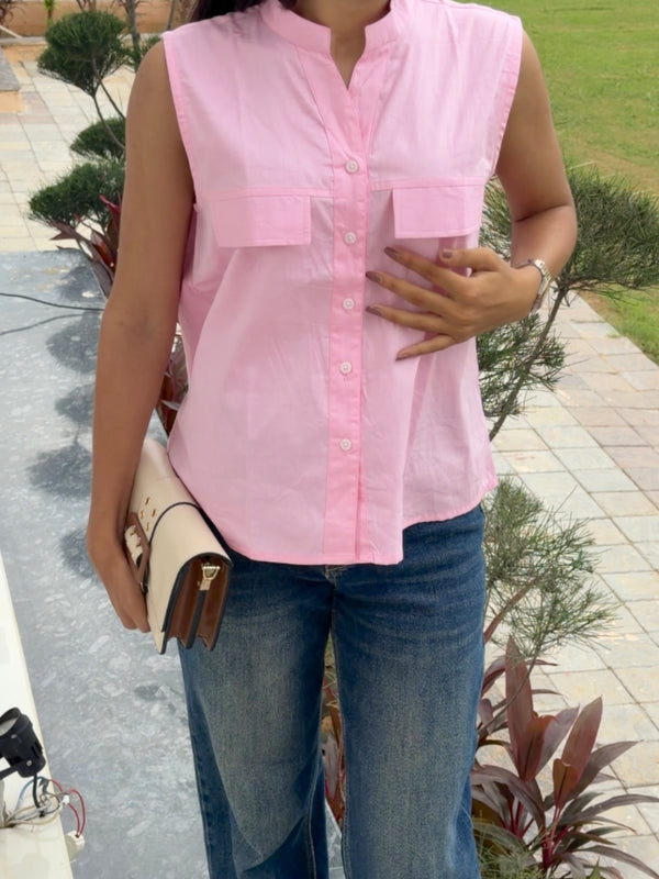 Women's Pink Sleeveless Button-Down Top
