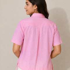 Women's Pink Striped Crop Shirt in Cotton Blend Fabric