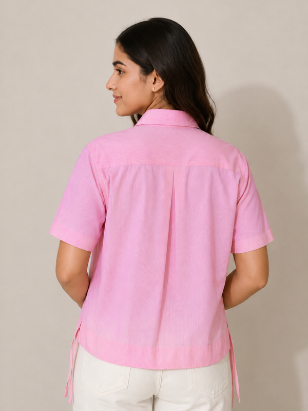Women's Pink Striped Crop Shirt in Cotton Blend Fabric