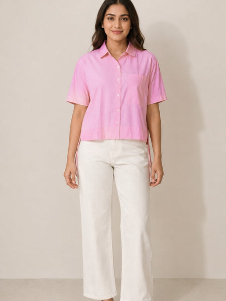 Women's Pink Striped Crop Shirt in Cotton Blend Fabric