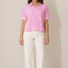 Women's Pink Striped Crop Shirt in Cotton Blend Fabric