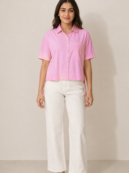 Women's Pink Striped Crop Shirt in Cotton Blend Fabric