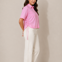 Women's Pink Striped Crop Shirt in Cotton Blend Fabric